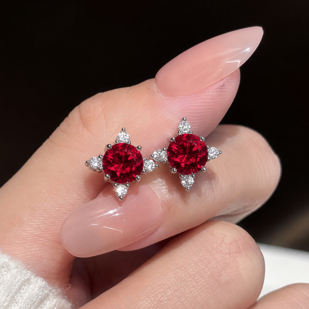 wholesale Pigeon blood lab grown ruby red round stud earrings S925 silver cultivated ruby earrings