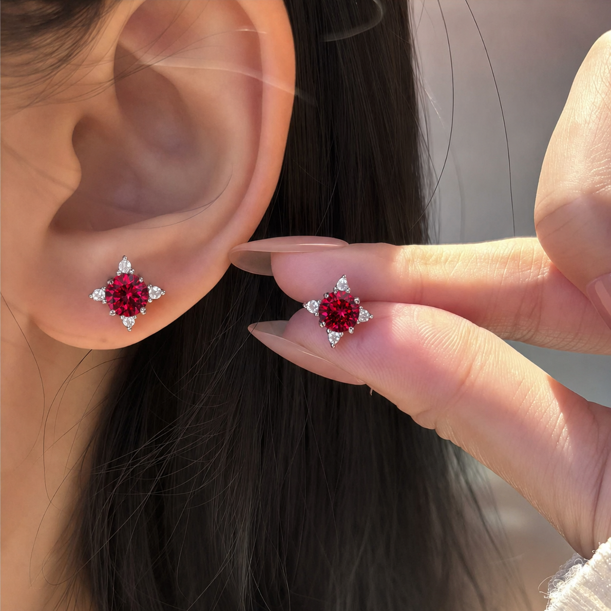 wholesale Pigeon blood lab grown ruby red round stud earrings S925 silver cultivated ruby earrings