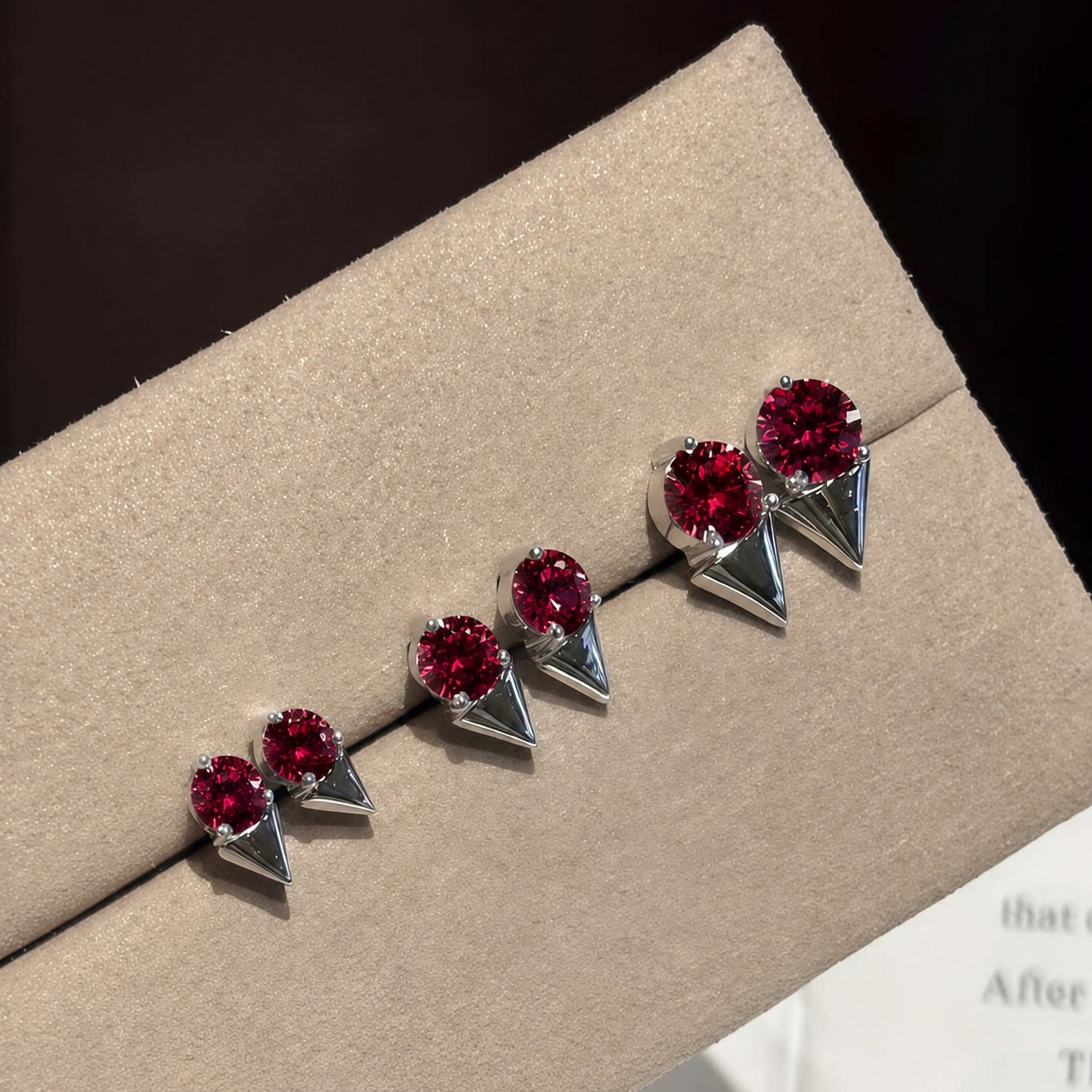 wholesale S925 sterling silver triangular round lab grown ruby stud earrings, pigeon blood red gemstone earrings