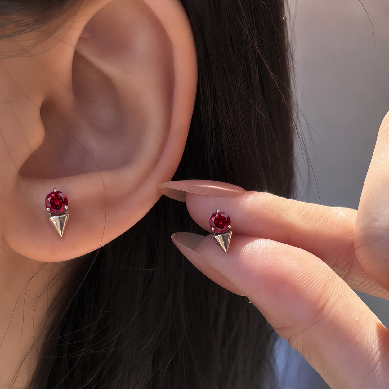 wholesale S925 sterling silver triangular round lab grown ruby stud earrings, pigeon blood red gemstone earrings