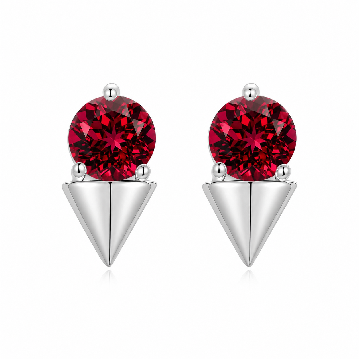 wholesale S925 sterling silver triangular round lab grown ruby stud earrings, pigeon blood red gemstone earrings