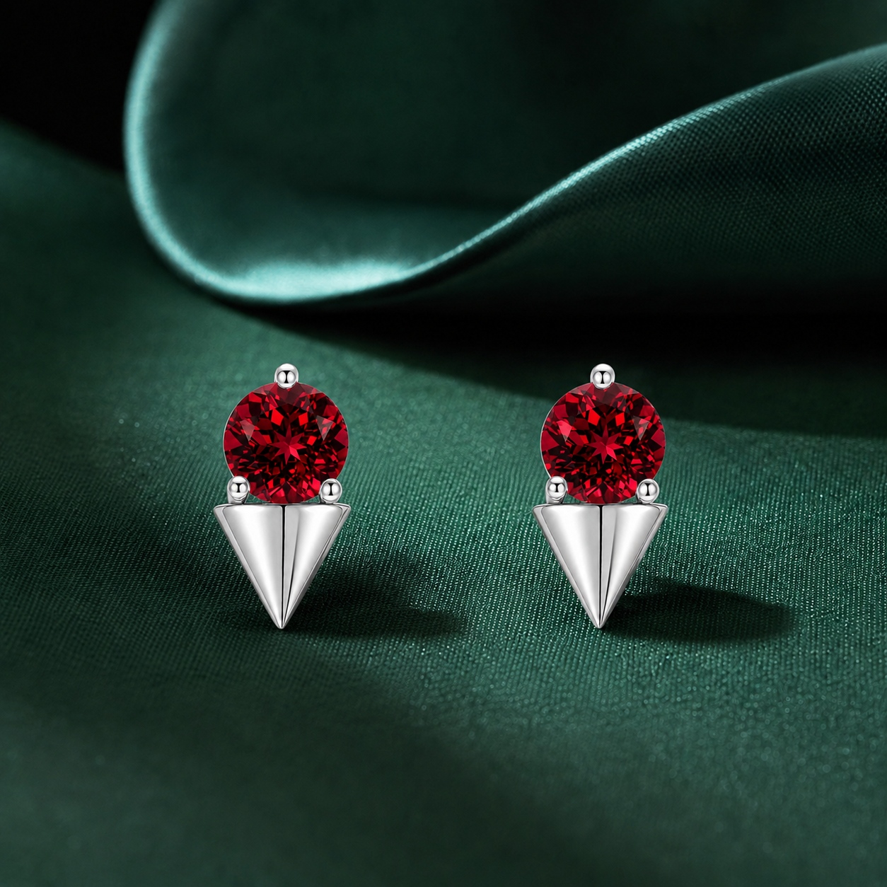 wholesale S925 sterling silver triangular round lab grown ruby stud earrings, pigeon blood red gemstone earrings
