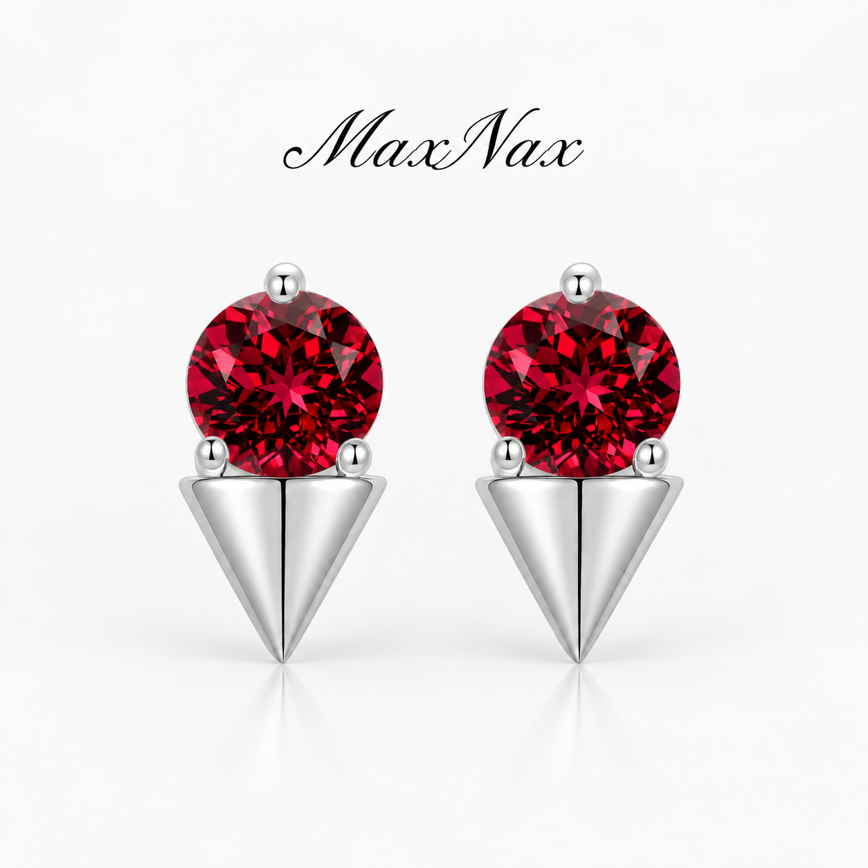 wholesale S925 sterling silver triangular round lab grown ruby stud earrings, pigeon blood red gemstone earrings
