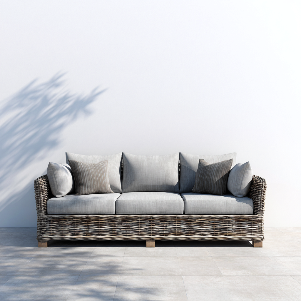 Gartensofa Polyrattan und Stoff 210x85x75 cm - Braun-Grau - großes Outdoor Sofa mit breiten Armlehnen-Vanorvinest