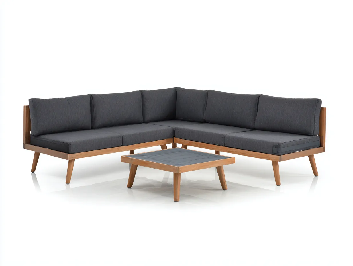 Ecksofa-Set Stoff 240x235x73 cm - dunkelgrau und Holzfarbe - für Outdoor-Lounge