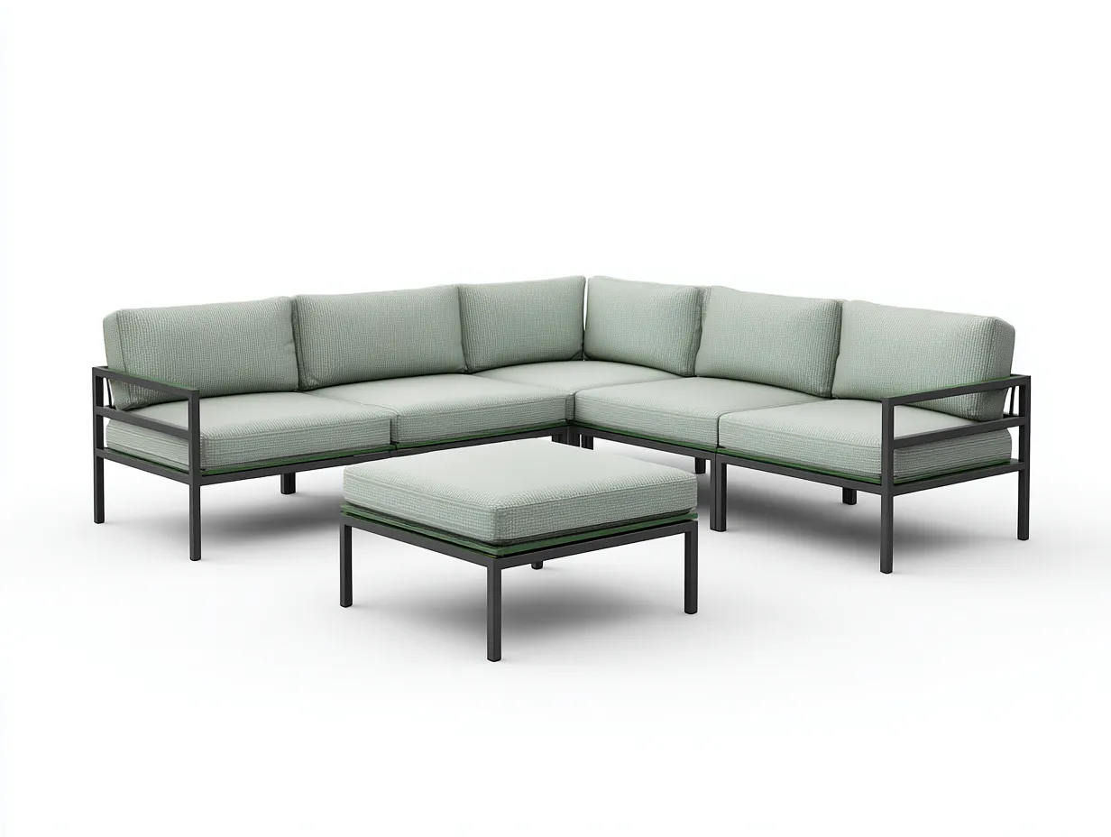 Ecksofa-Set Stoff 218x218x71 cm - hellgrün und schwarz - mit Hocker für außen