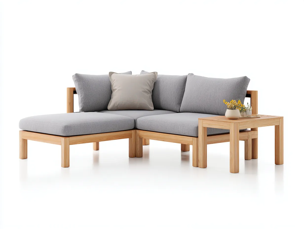 Ecksofa-Set Stoff 200x175x70 cm - grau und Holzfarbe - mit Beistelltisch für Terrasse