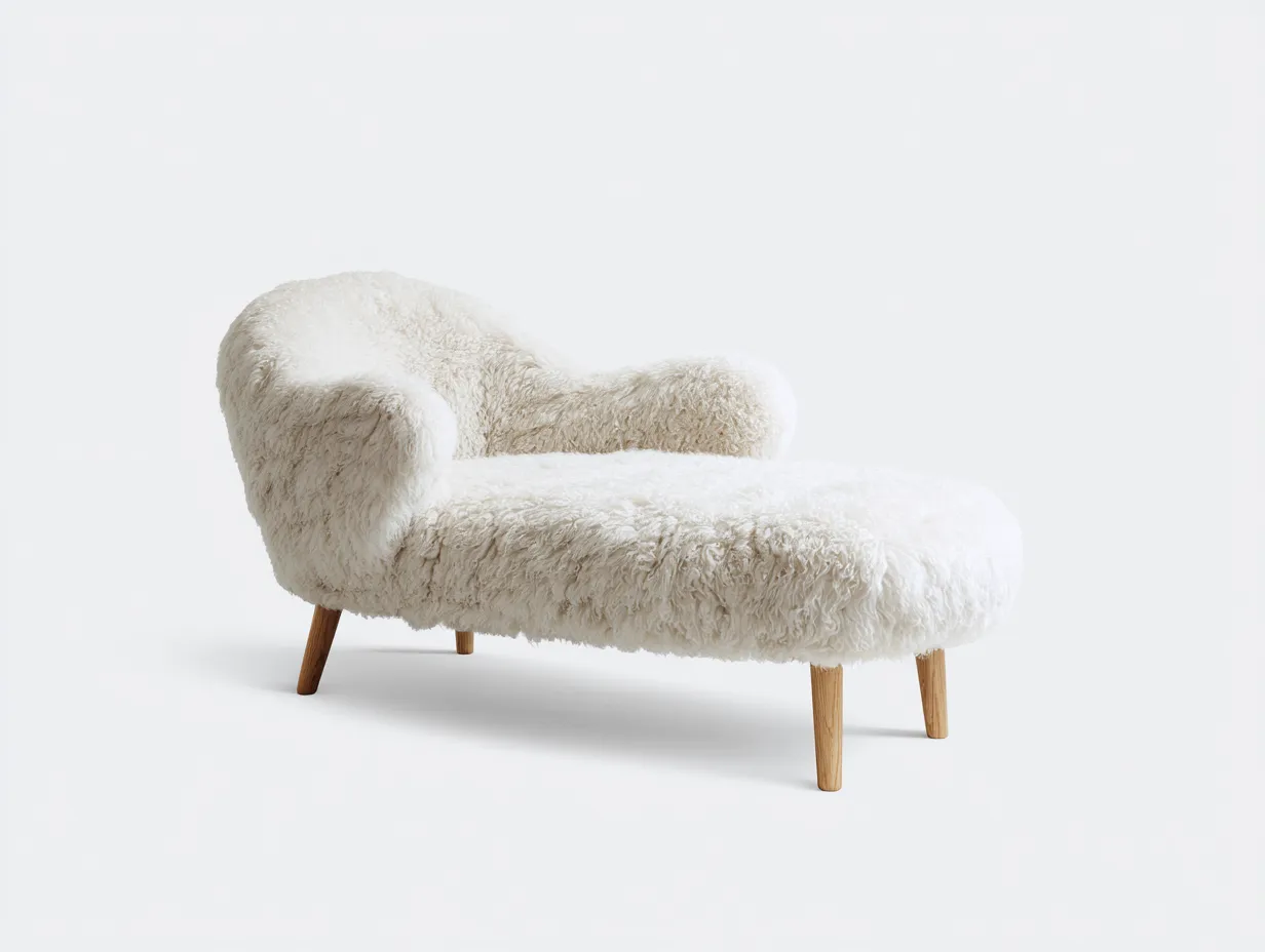 Chaiselongue mit flauschigem Bezug 192x82x82 cm - Elfenbein und Natur - kurze Holzbeine für Wohnzimmer