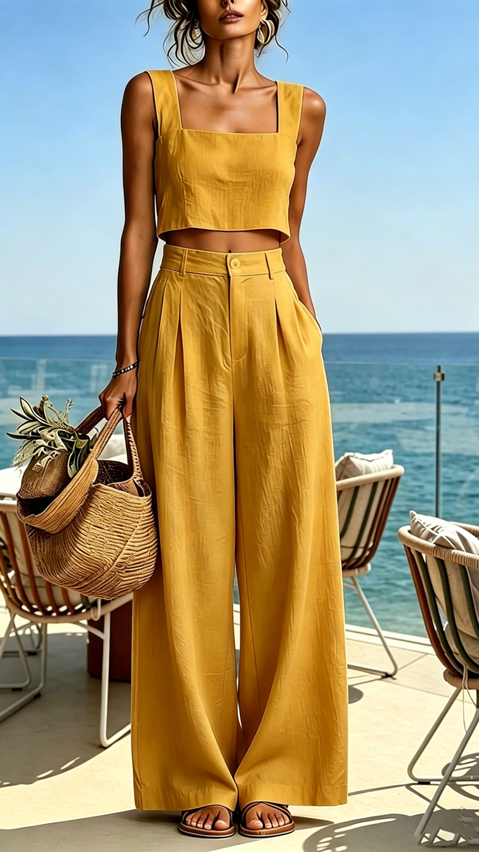 Women's Square-Neck Wide-Leg Pant Set: Loose-Fit, Sleeveless Two-Piece Outfit