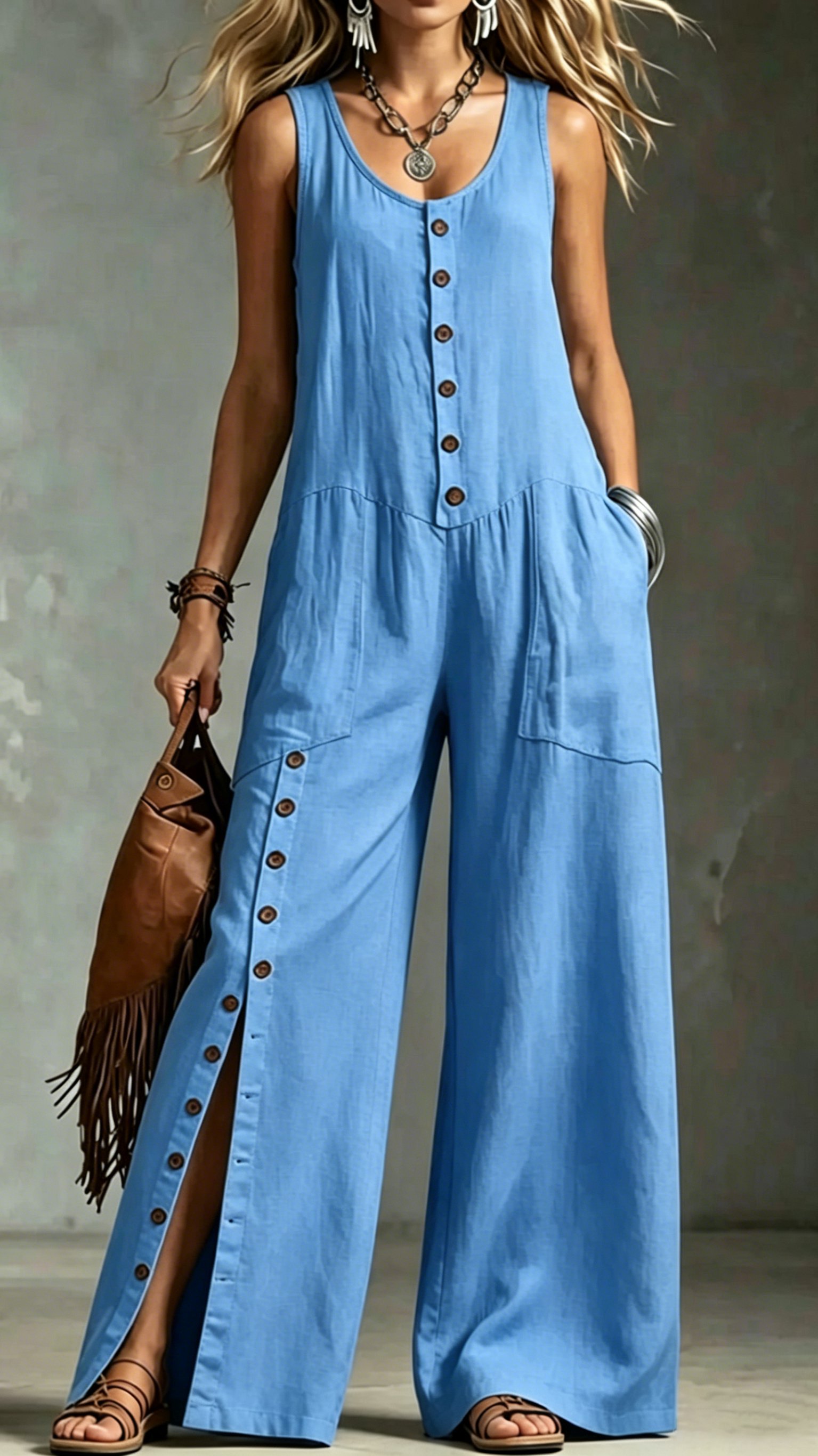 Women's Sleeveless Linen Jumpsuit with Button Pockets