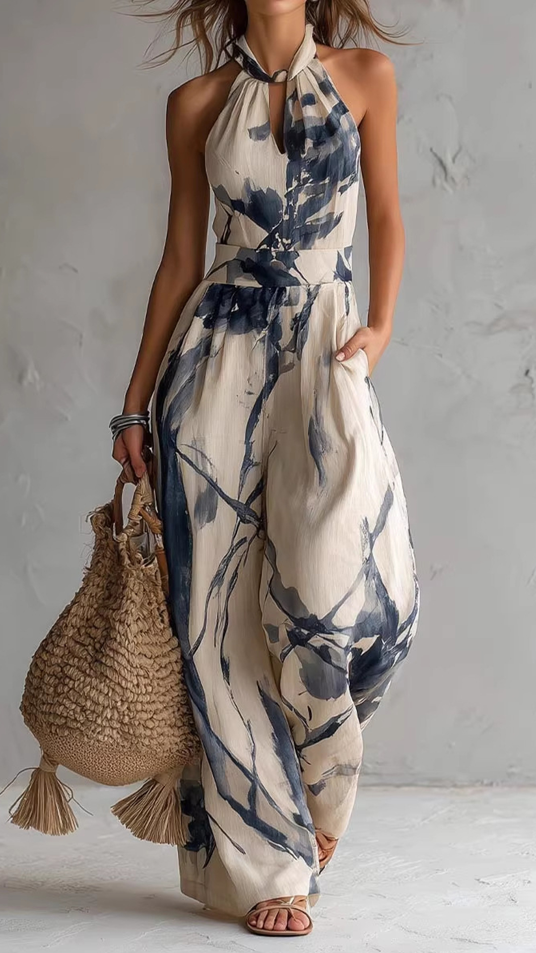 Women's Ink Print Halter Neck Wide-Leg Jumpsuit