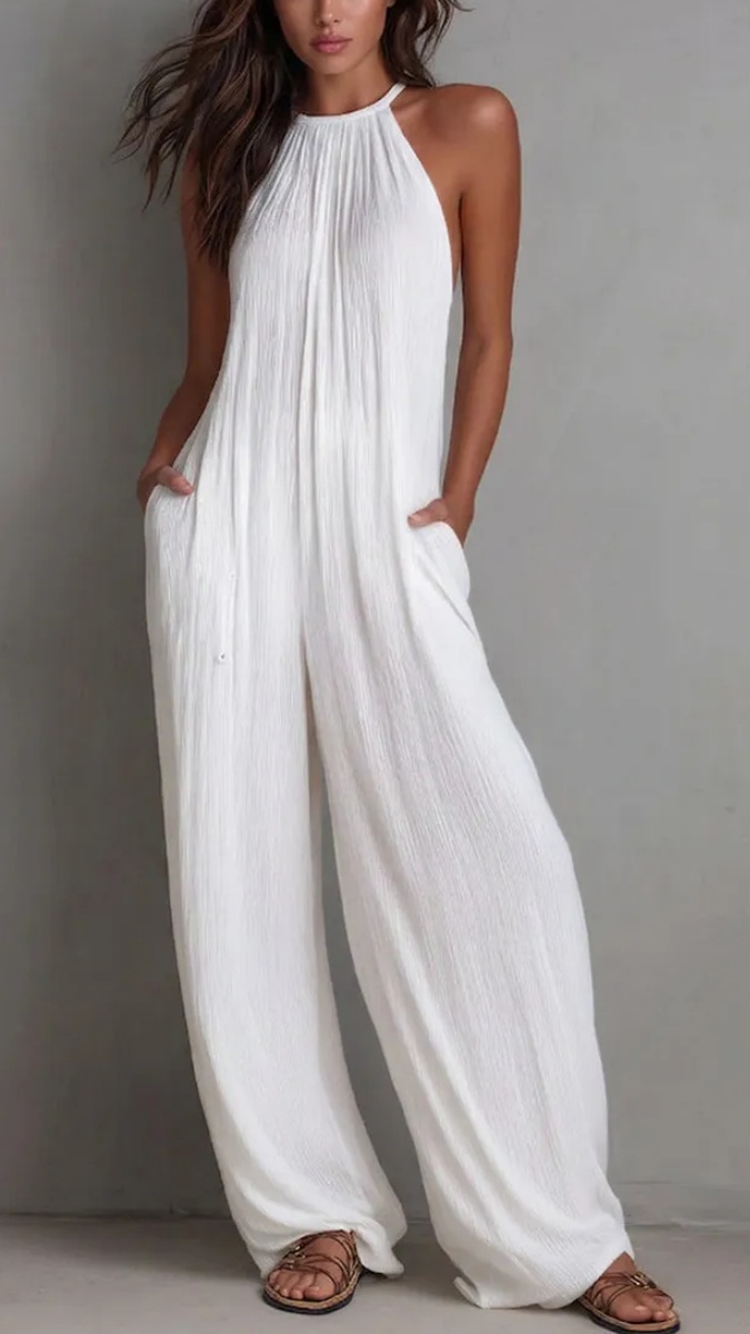 Women Minimalist Halter-neck Loose Cotton-linen Jumpsuit