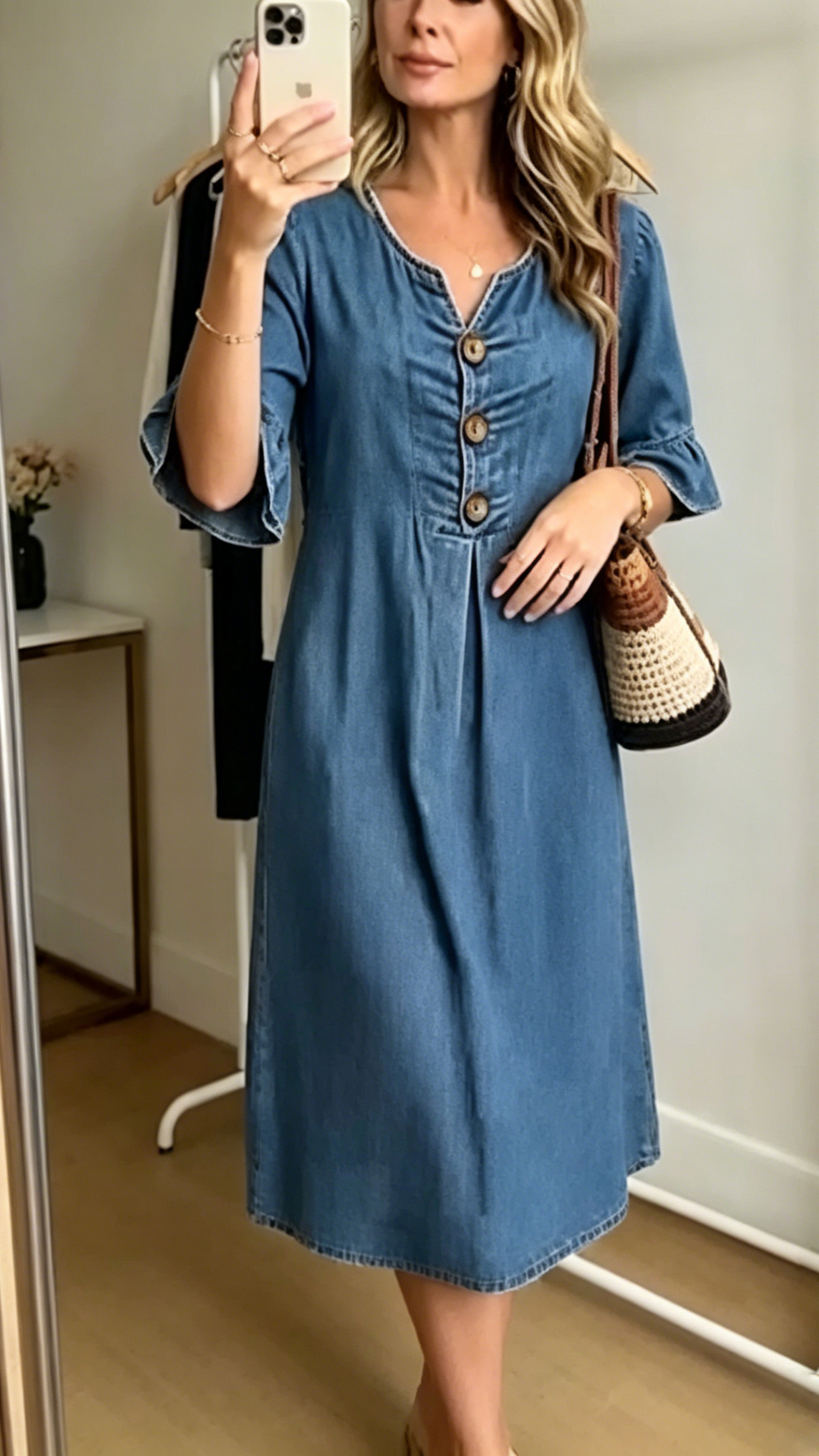 Women's Cotton-Linen Dress with V-Neck, Large Buttons, and Ruffled Sleeves