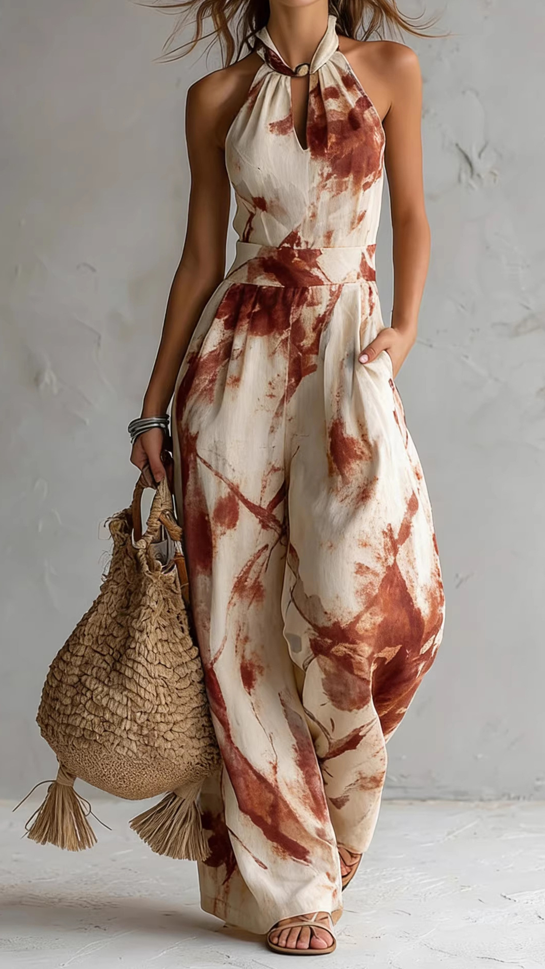 Women's Ink Print Halter Neck Wide-Leg Jumpsuit