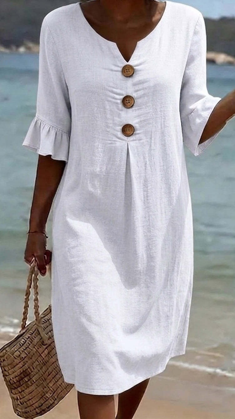 Women's Cotton-Linen Dress with V-Neck, Large Buttons, and Ruffled Sleeves