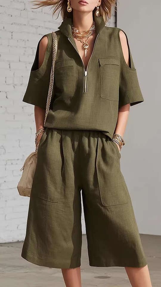 Women's Short-Sleeved Shorts Shirt and Loose Pants Two-Piece Set