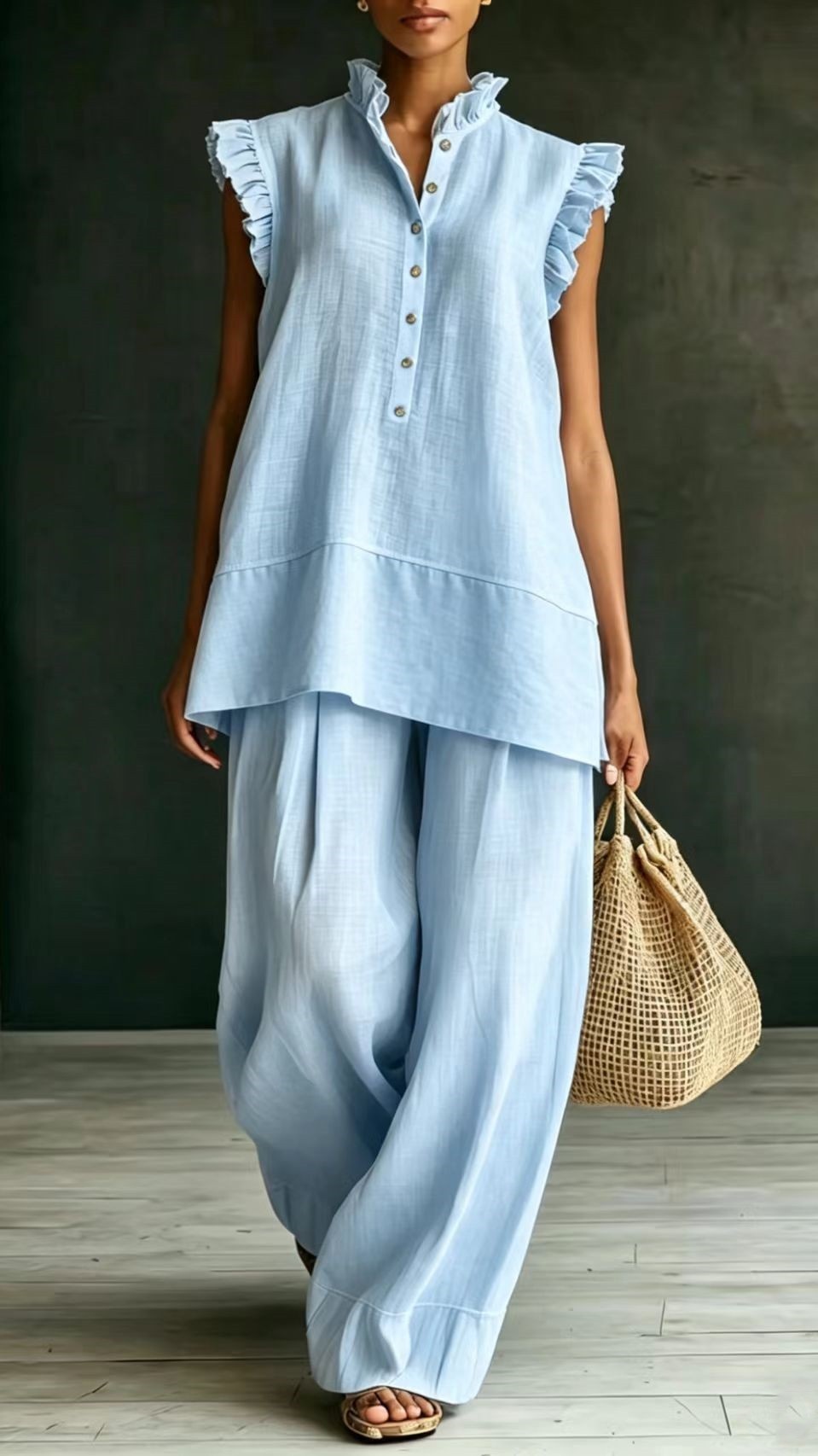 Women's Ruffled Sleeveless Shirt and Loose-Fit Trousers Two-Piece Set