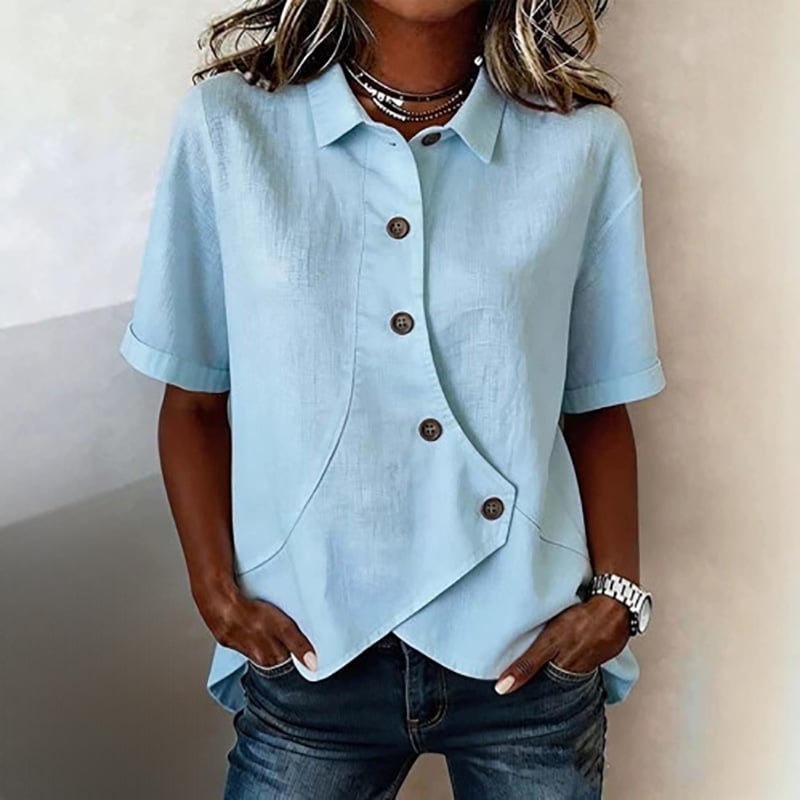 Women's collared irregular shirt | Loose fit, slimming, short-sleeved casual and versatile top