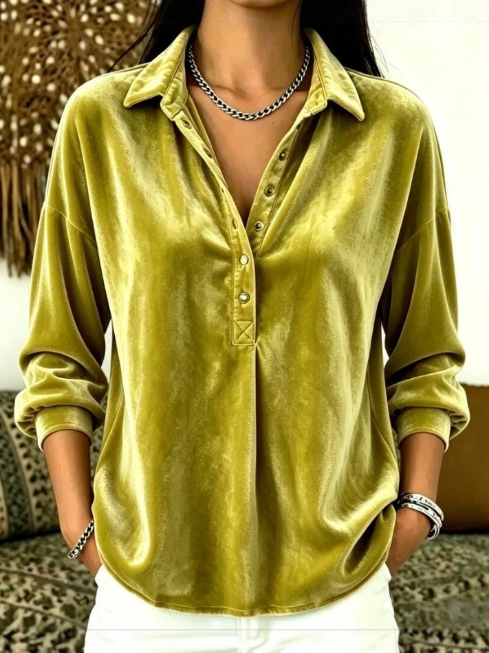 Casual-Chic Solid-Color Gold Velvet Lapel Top for Women