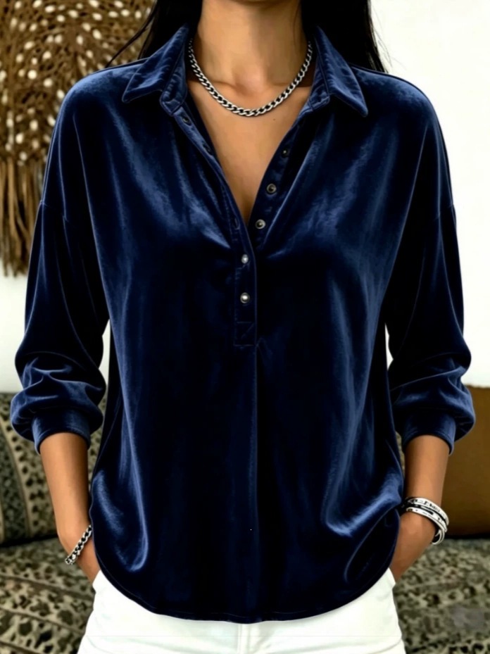 Casual-Chic Solid-Color Gold Velvet Lapel Top for Women
