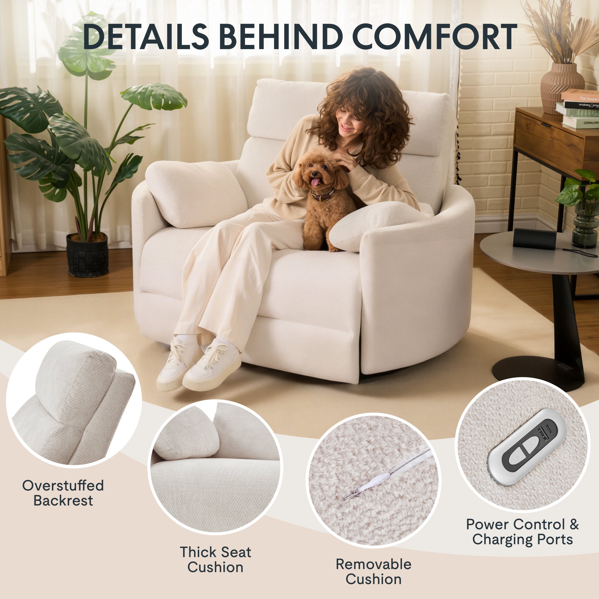 54" Oversized Zero Wall Power Recliner with Anti-Pinch Safety, USB & Type-C Charging, Plush Chenille Upholstery
