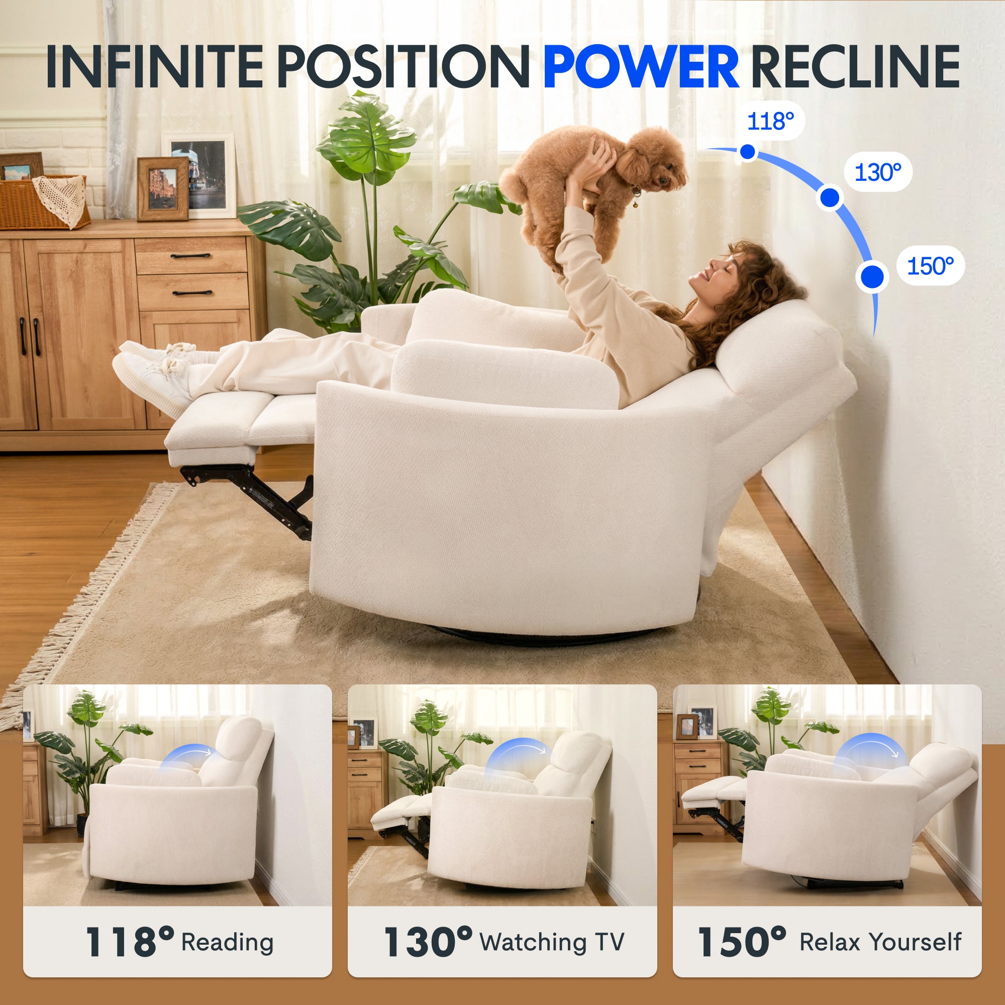 54" Oversized Zero Wall Power Recliner with Anti-Pinch Safety, USB & Type-C Charging, Plush Chenille Upholstery
