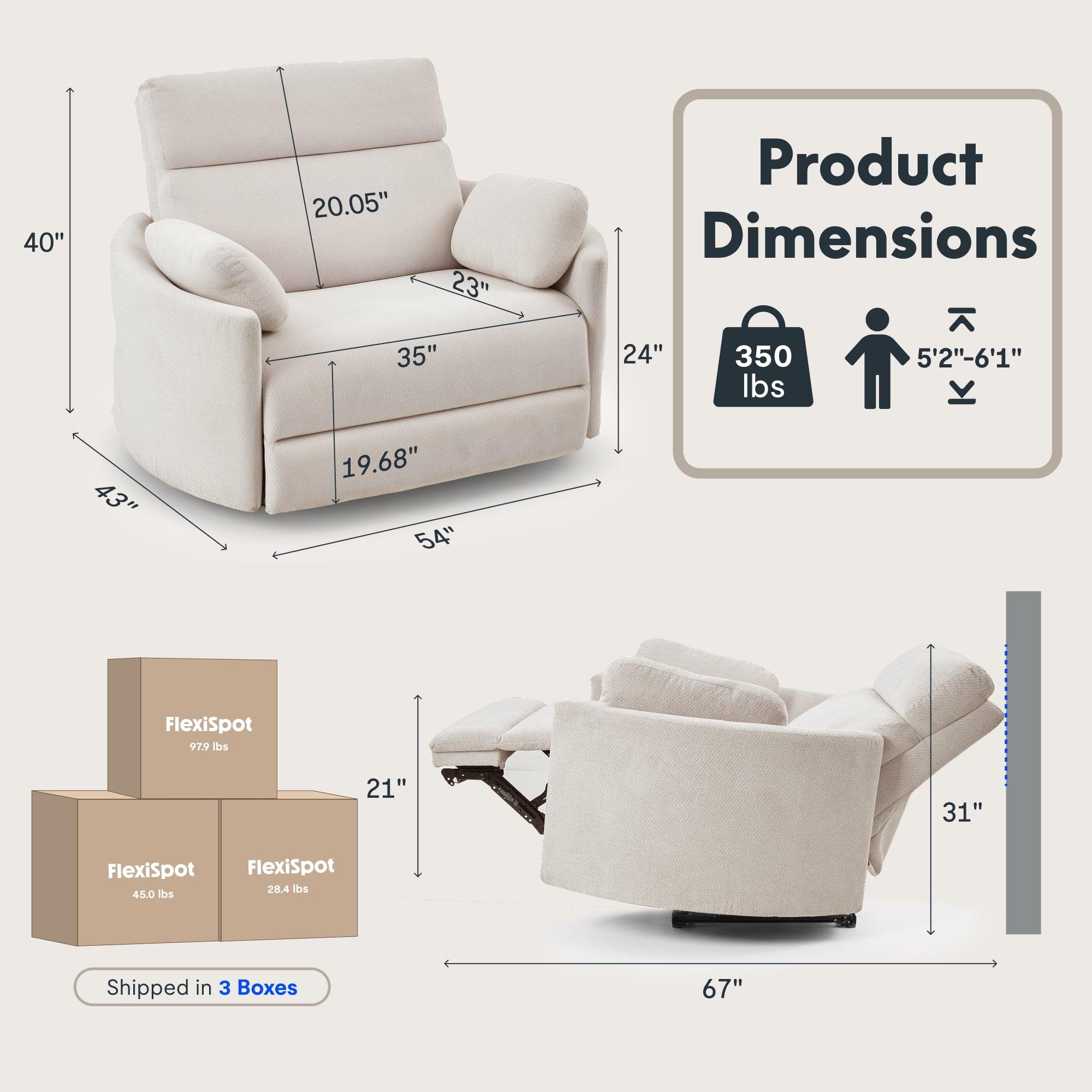 54" Oversized Zero Wall Power Recliner with Anti-Pinch Safety, USB & Type-C Charging, Plush Chenille Upholstery
