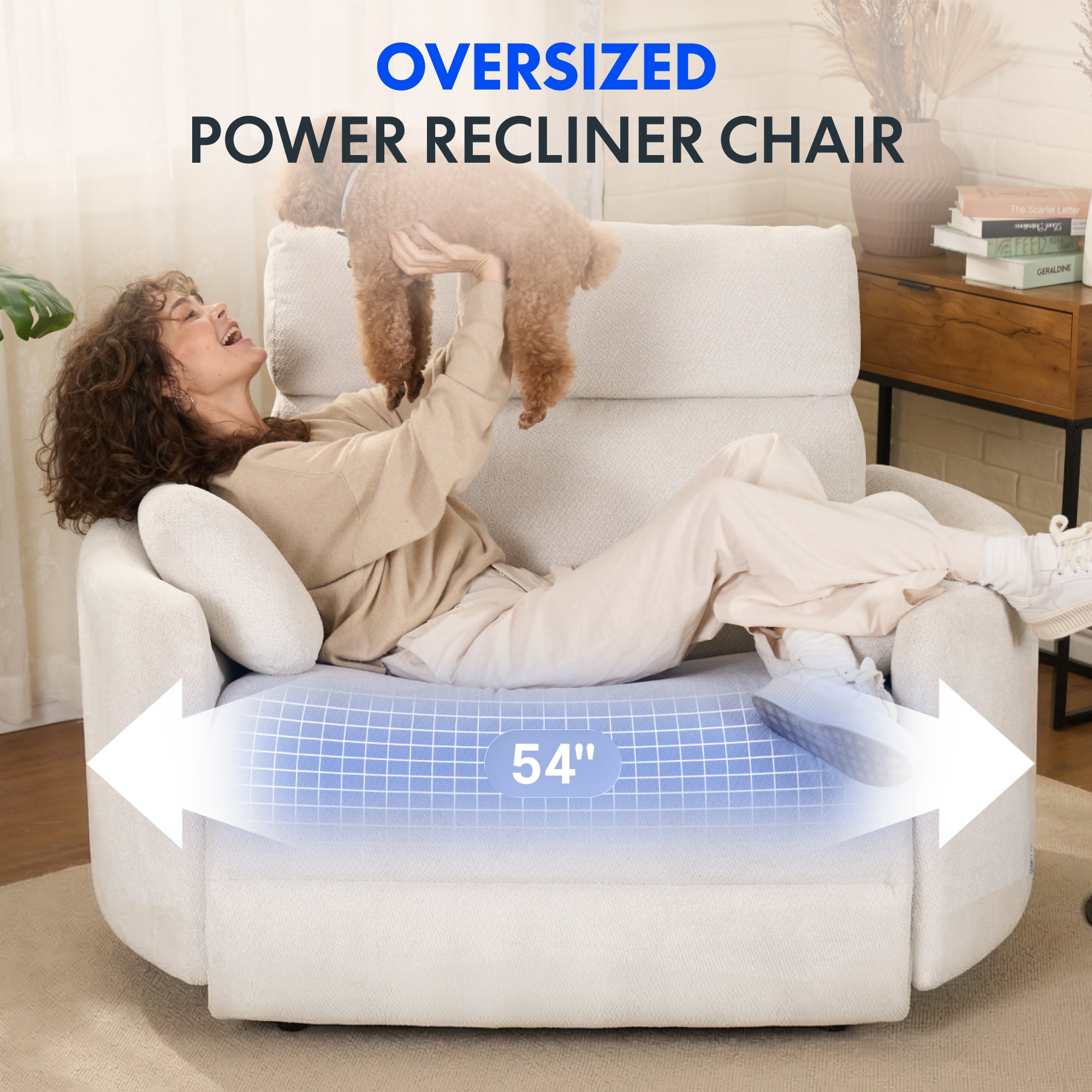 54" Oversized Zero Wall Power Recliner with Anti-Pinch Safety, USB & Type-C Charging, Plush Chenille Upholstery