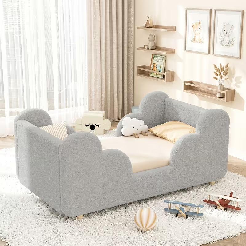 Soft Boucle Toddler Bed Frame with Safety Rails & Upholstered Headboard
