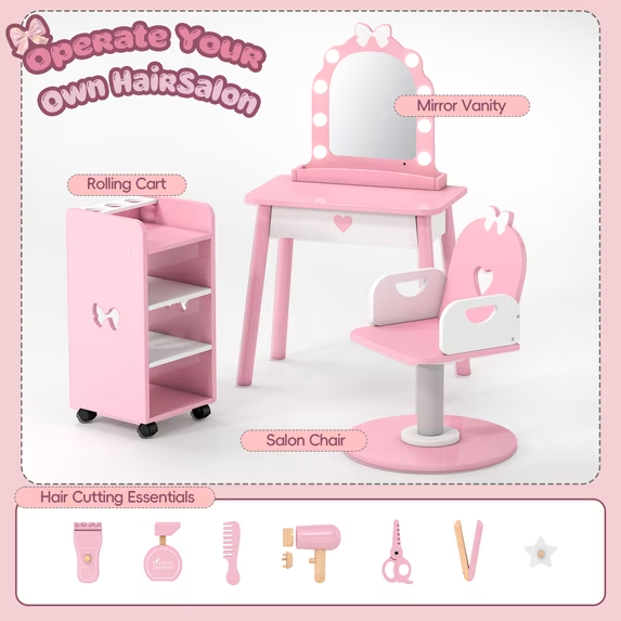 Kids Vanity Set with LED Lighted Mirror & Swivel Barber Chair, Pretend Play Hair Salon Set with Storage Shelf & 7 Accessories