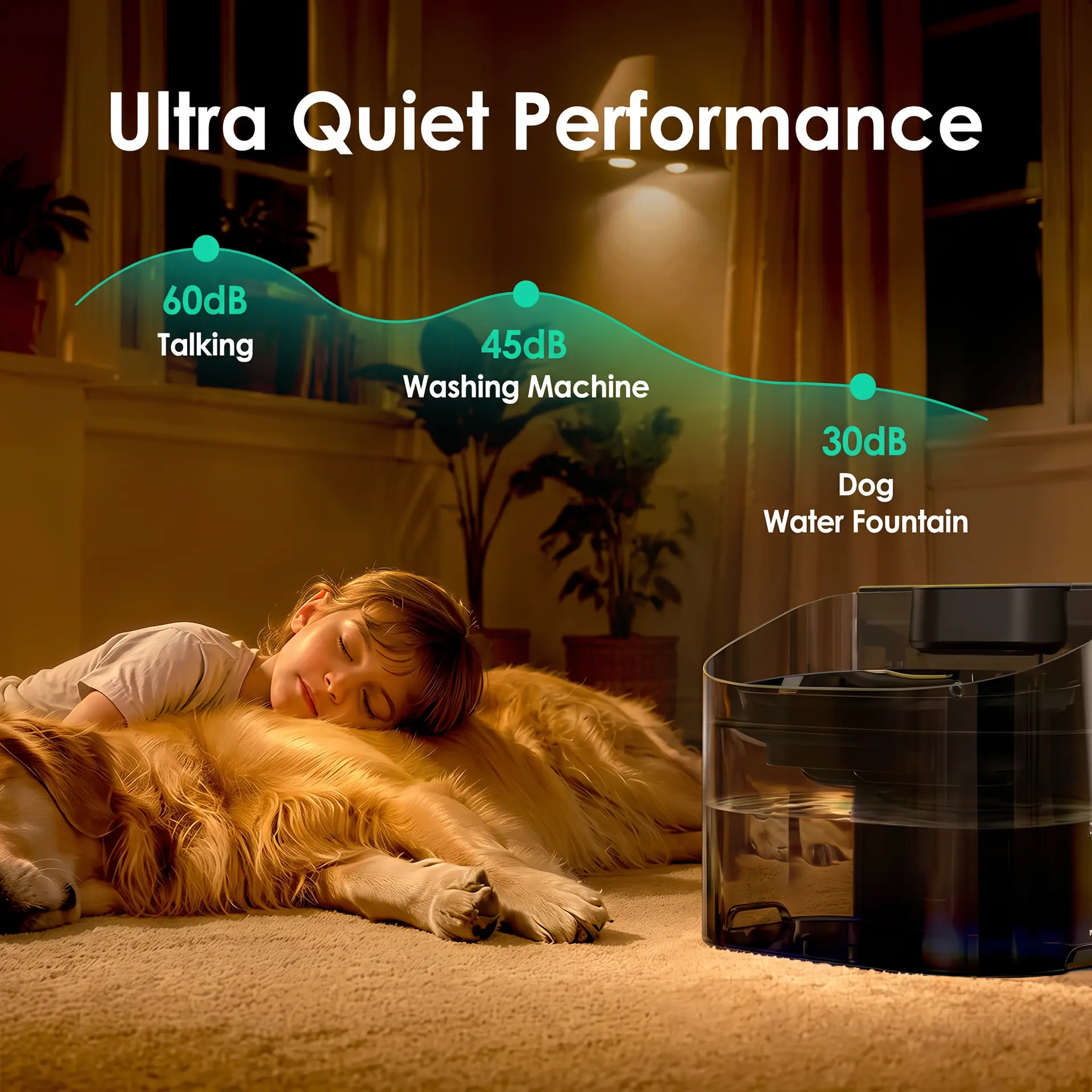 Quiet pet water fountain beside a peacefully resting dog at night
