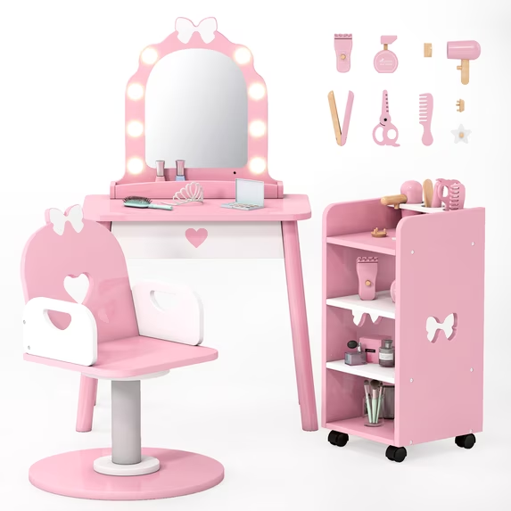 Kids Vanity Set with LED Lighted Mirror & Swivel Barber Chair, Pretend Play Hair Salon Set with Storage Shelf & 7 Accessories
