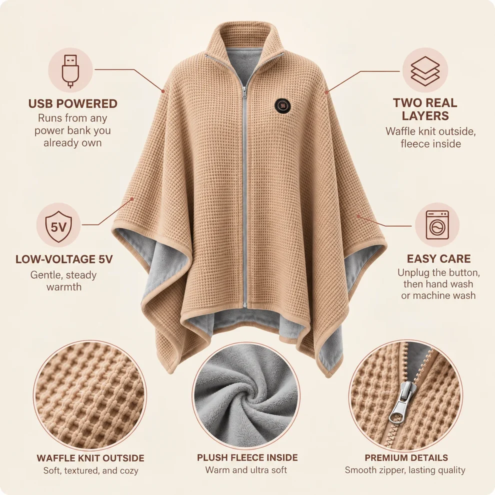 Wearable heated wrap in use