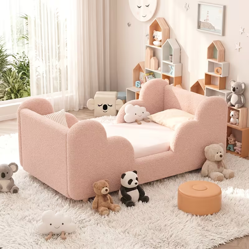 Soft Boucle Toddler Bed Frame with Safety Rails & Upholstered Headboard