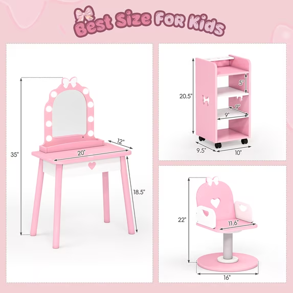 Kids Vanity Set with LED Lighted Mirror & Swivel Barber Chair, Pretend Play Hair Salon Set with Storage Shelf & 7 Accessories