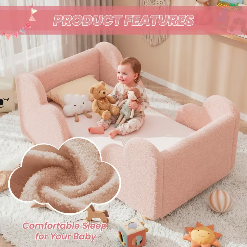 Soft Boucle Toddler Bed Frame with Safety Rails & Upholstered Headboard