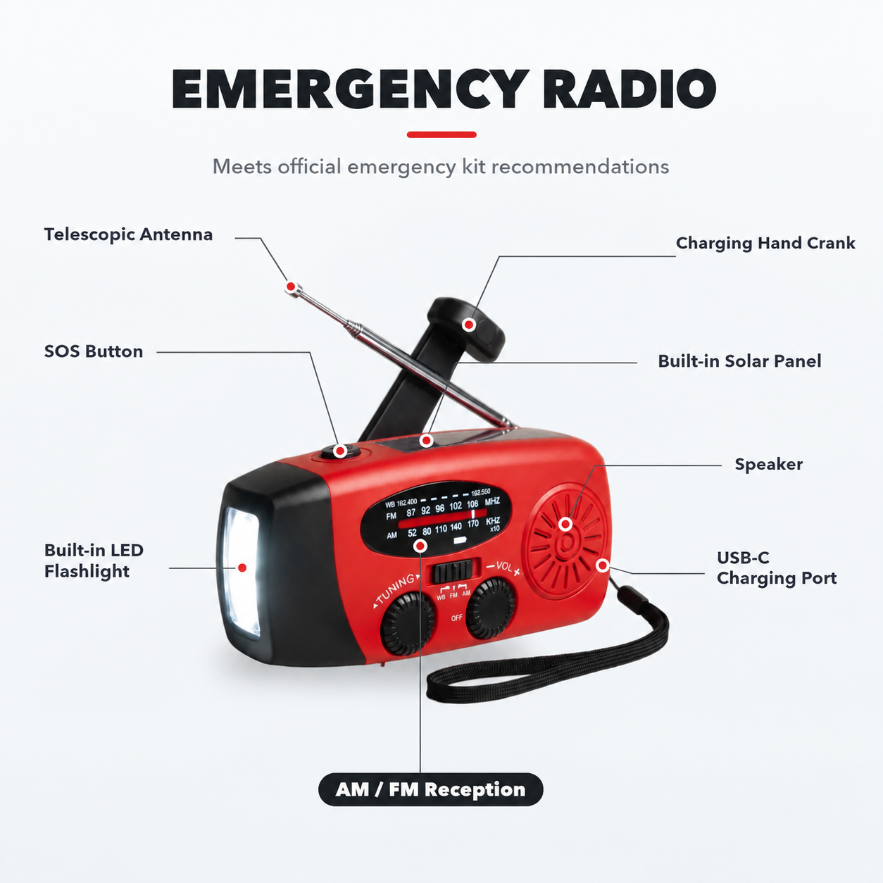Portable Emergency Radio with Solar & Hand Crank Charging