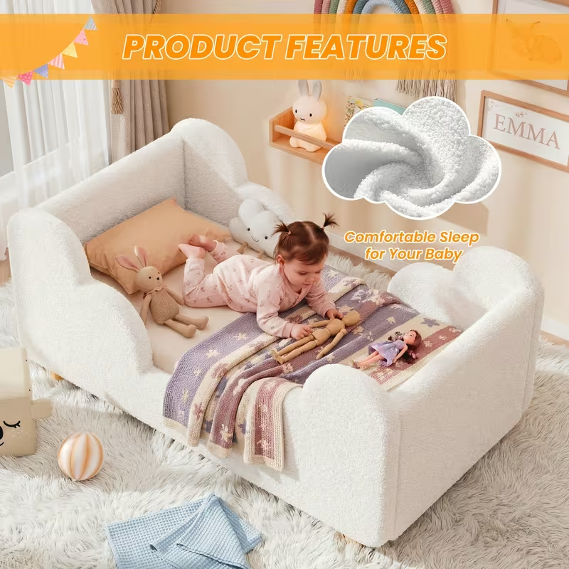 Soft Boucle Toddler Bed Frame with Safety Rails & Upholstered Headboard