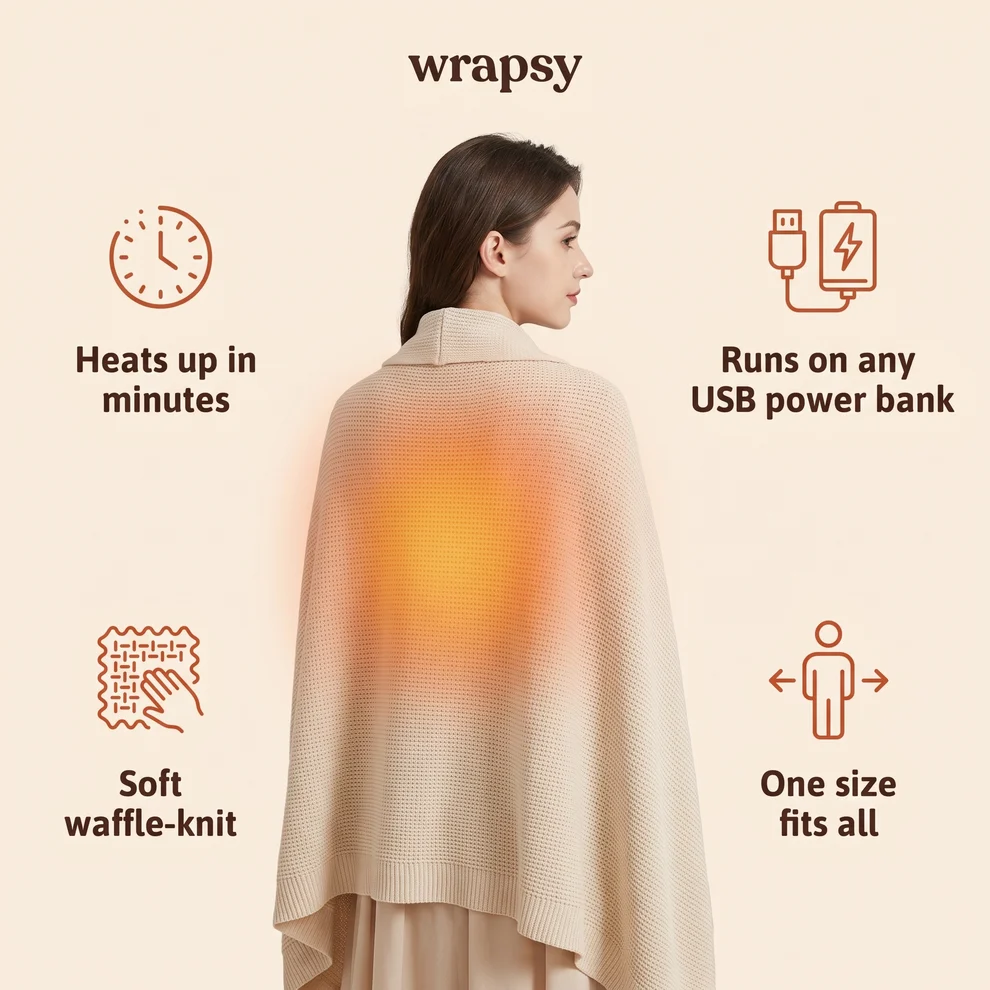 USB powered heated wrap with hidden pocket
