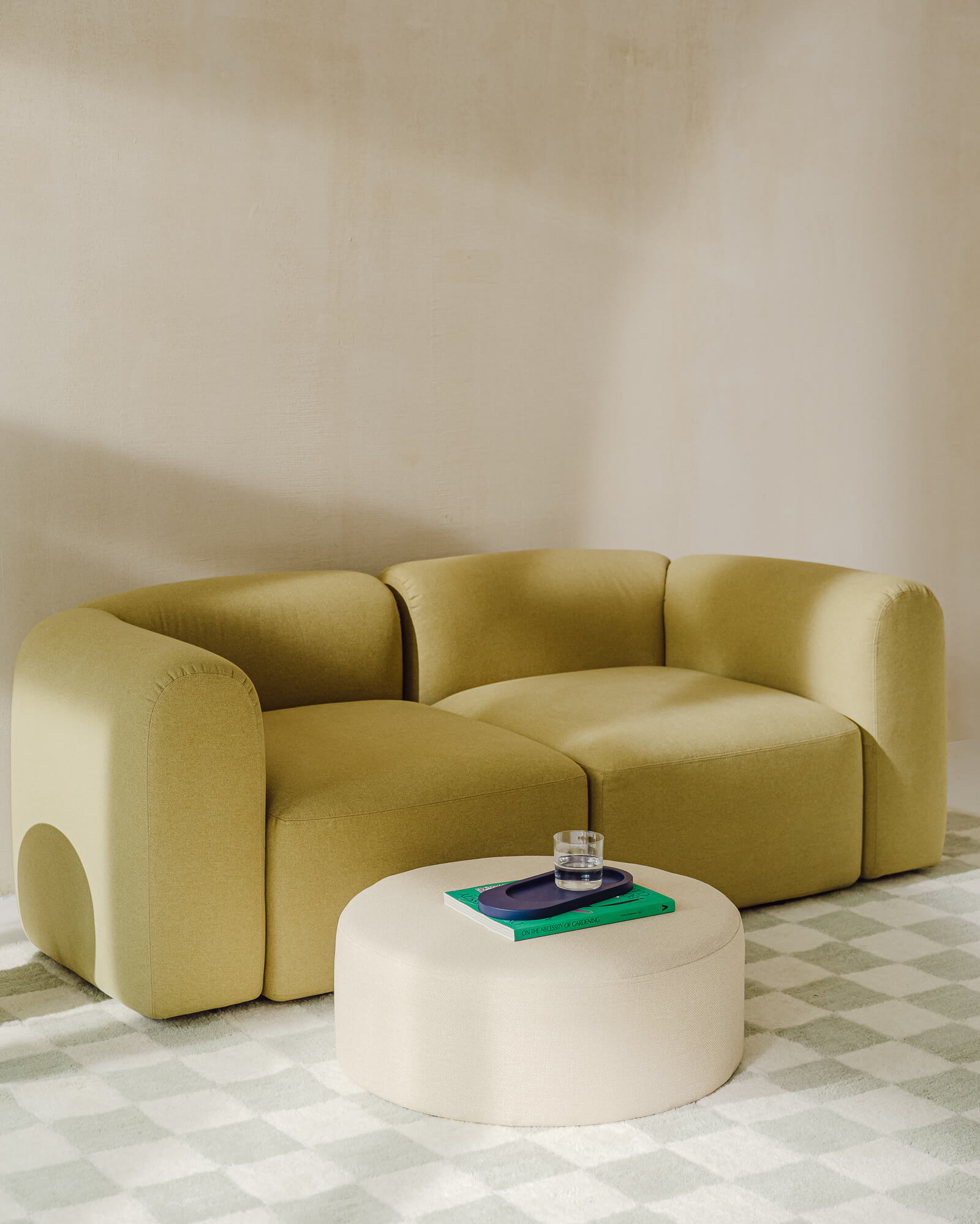 Wide Beige Bouclé Pouf Coffee Table with Cloud-Inspired Design
