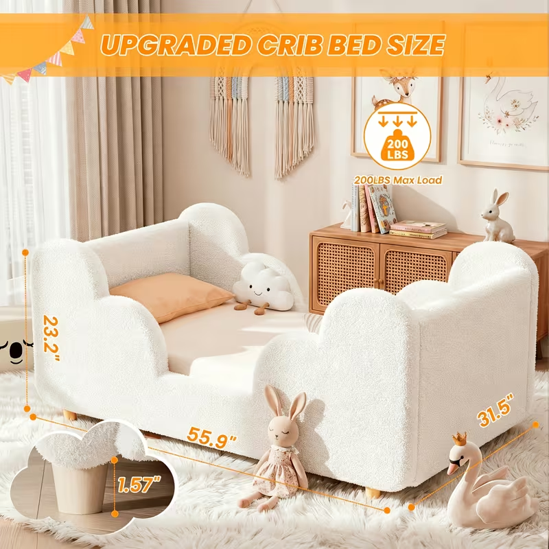Soft Boucle Toddler Bed Frame with Safety Rails & Upholstered Headboard