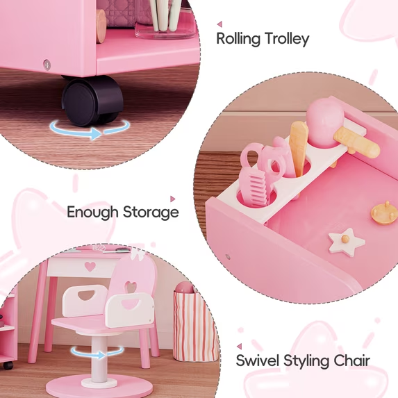 Kids Vanity Set with LED Lighted Mirror & Swivel Barber Chair, Pretend Play Hair Salon Set with Storage Shelf & 7 Accessories