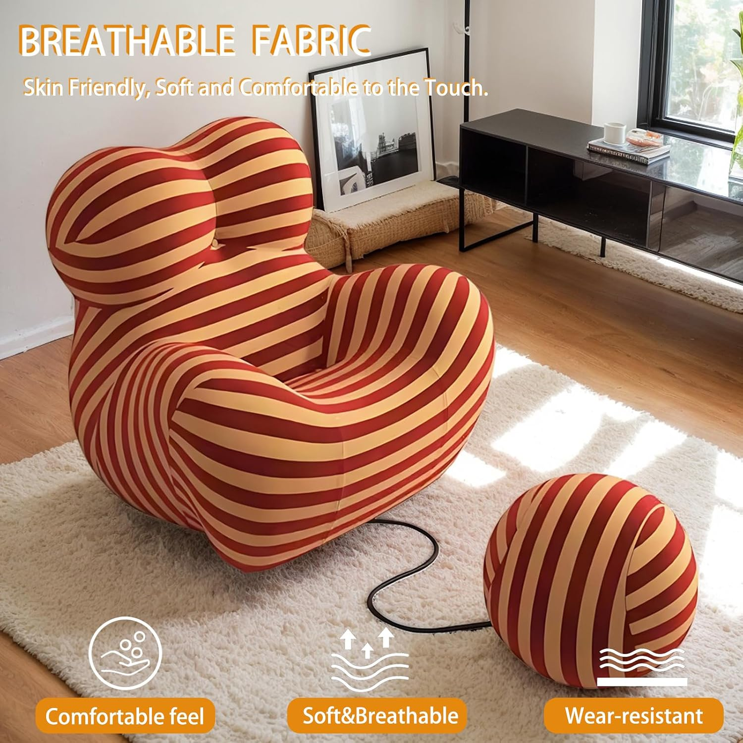 Small Loveseat Sofa with Movable Ottoman – Comfy Linen Fabric & Memory Foam