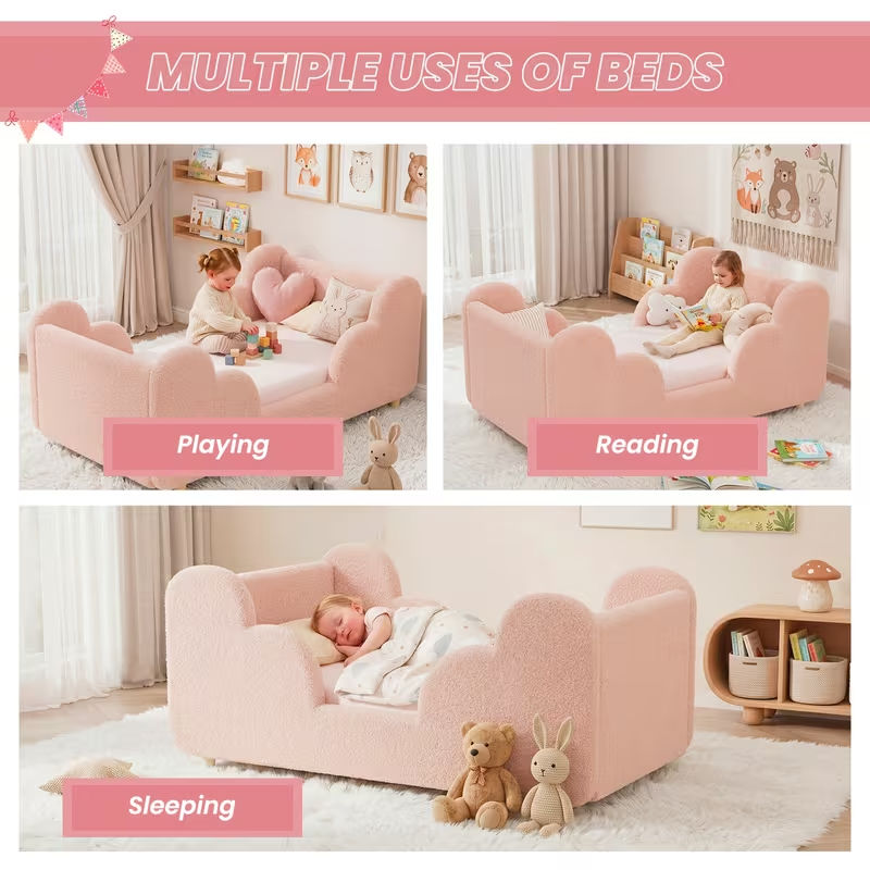 Soft Boucle Toddler Bed Frame with Safety Rails & Upholstered Headboard