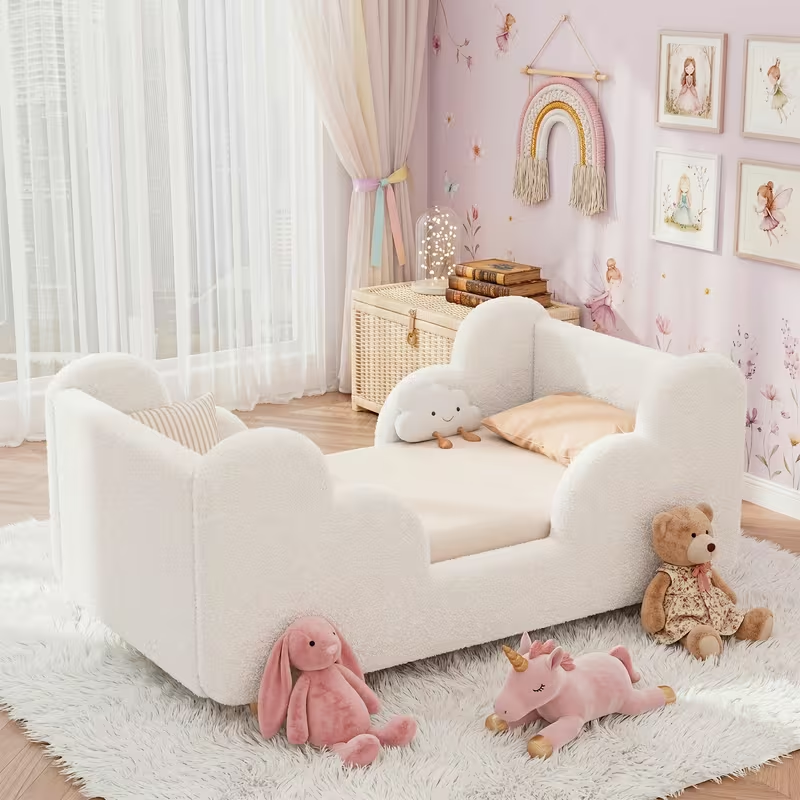 Soft Boucle Toddler Bed Frame with Safety Rails & Upholstered Headboard