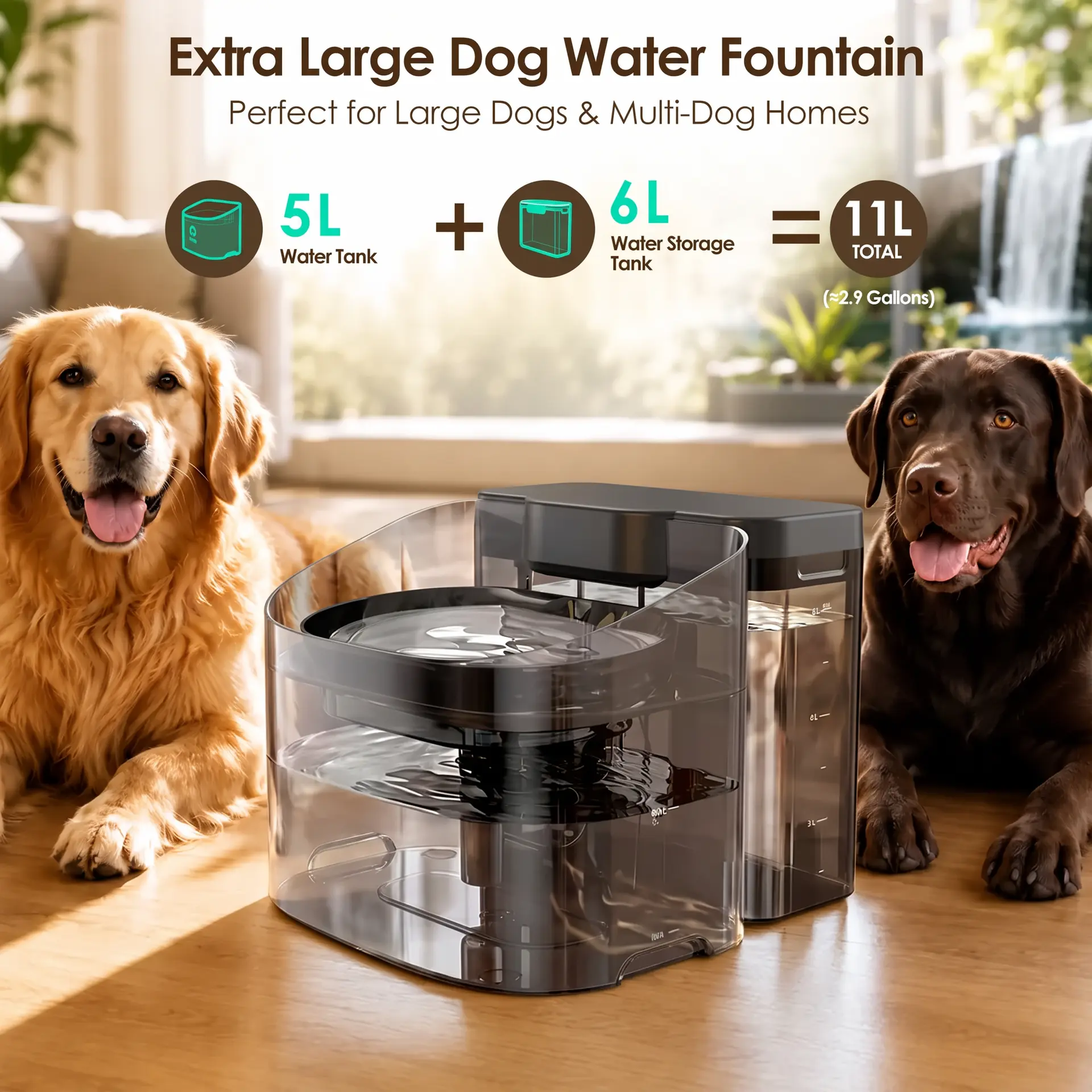 Extra large dog water fountain with 11L total water capacity