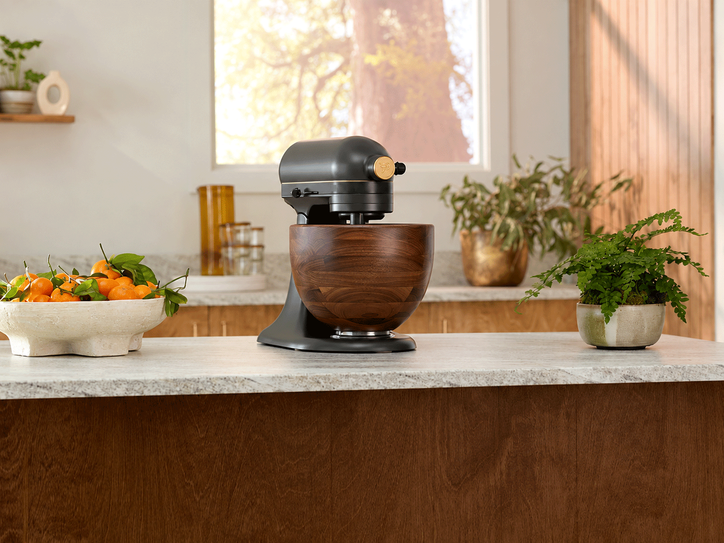 Green stand mixer with walnut wood bowl