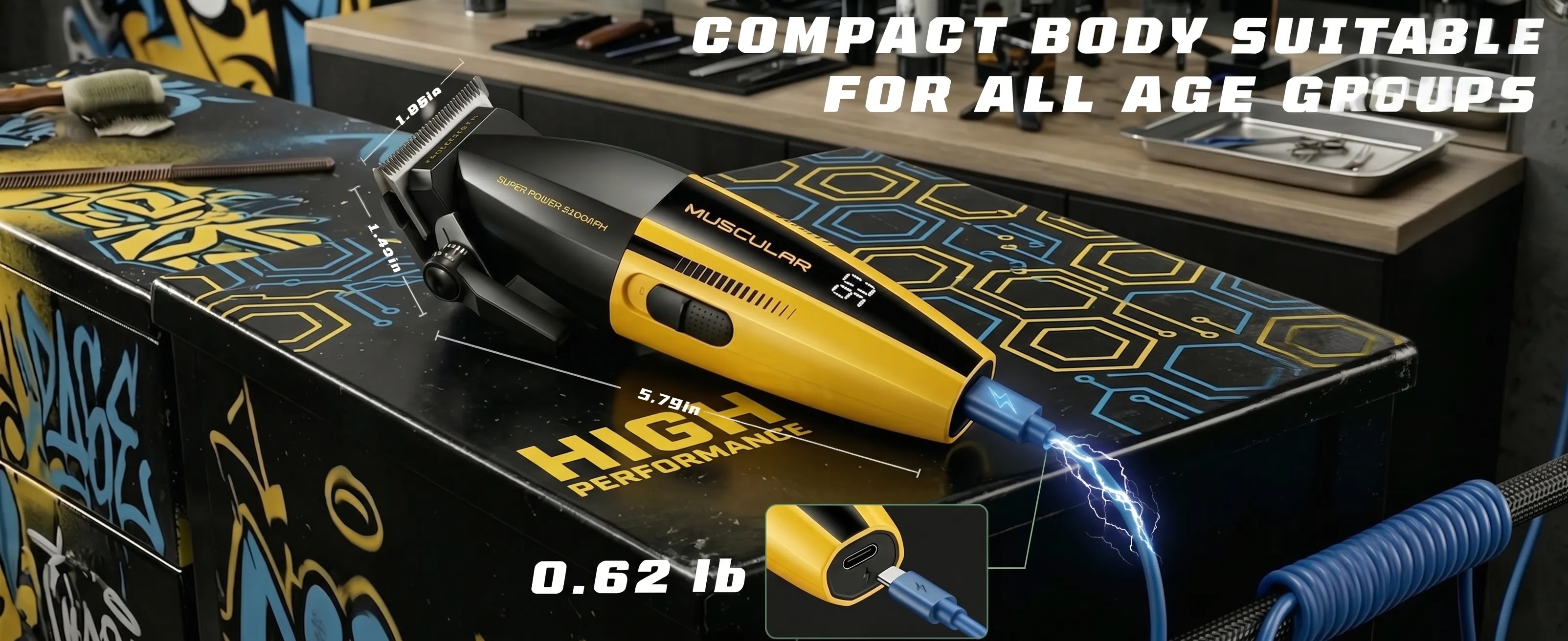 Close-up of grooming tools and product details