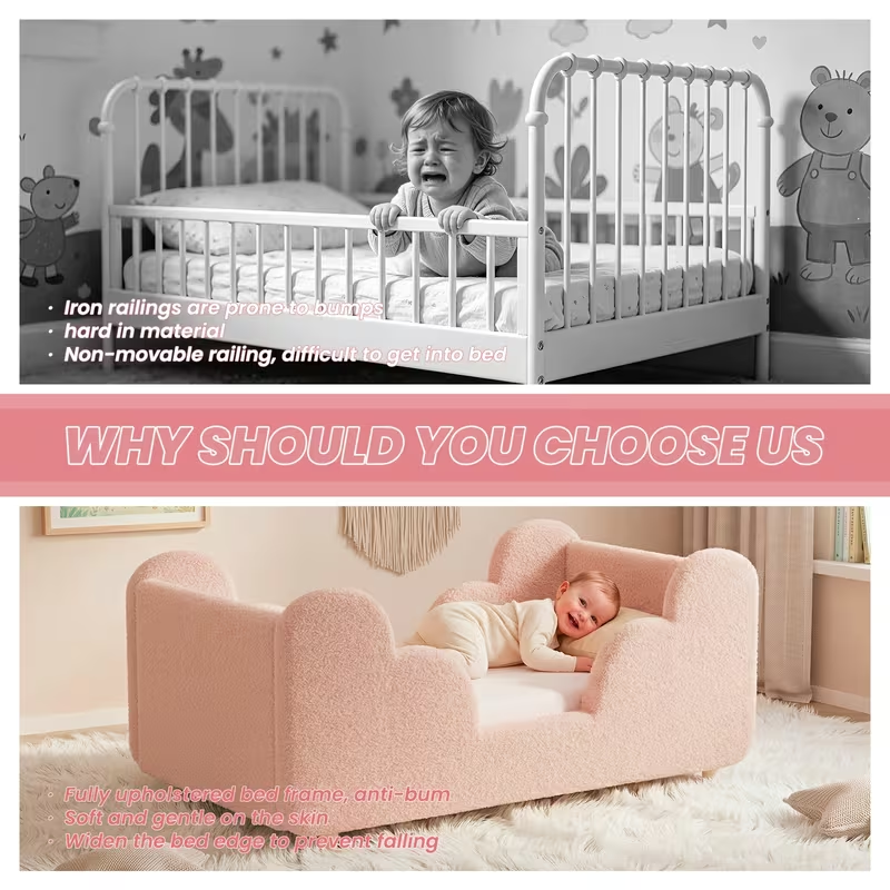 Soft Boucle Toddler Bed Frame with Safety Rails & Upholstered Headboard