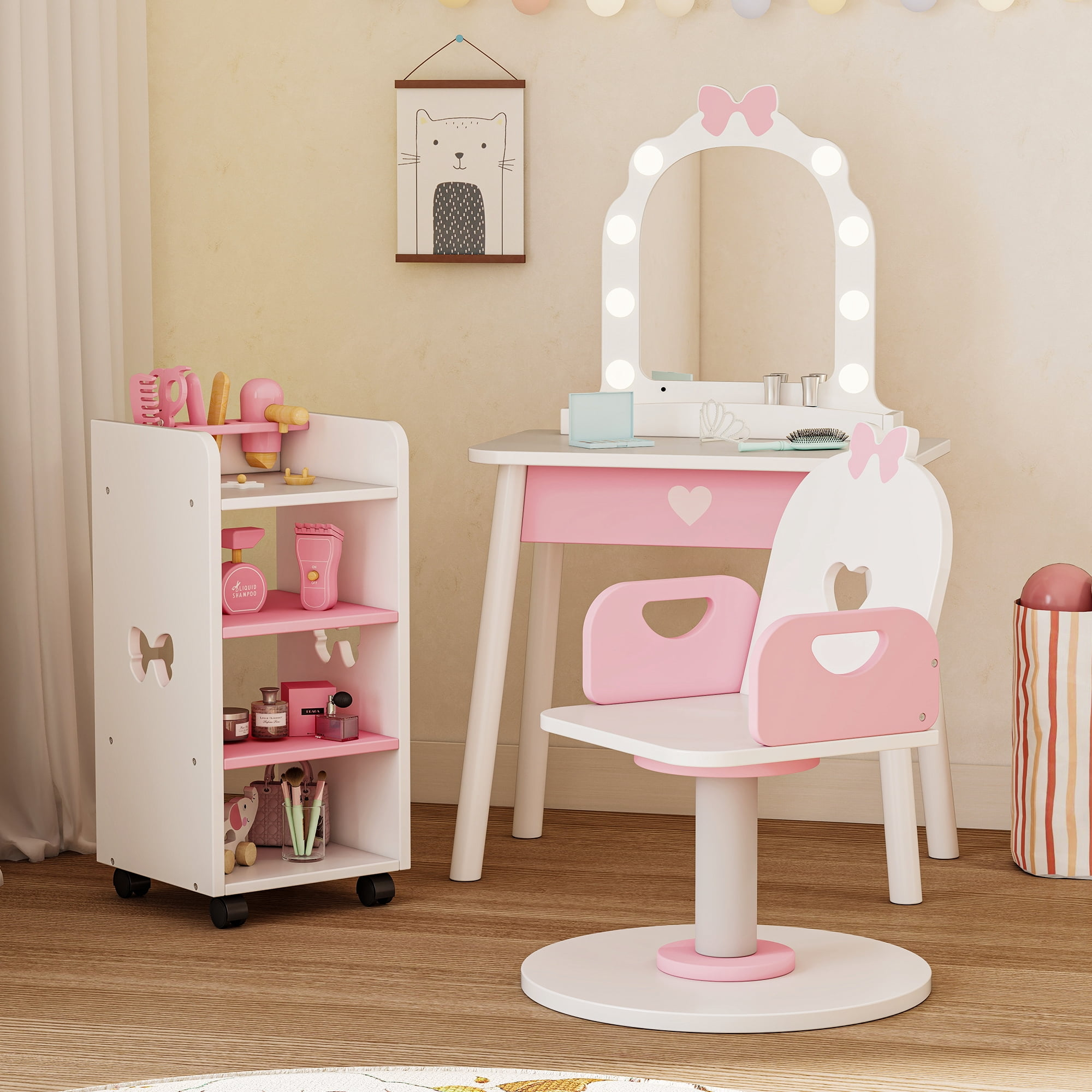 Kids Vanity Set with LED Lighted Mirror & Swivel Barber Chair, Pretend Play Hair Salon Set with Storage Shelf & 7 Accessories